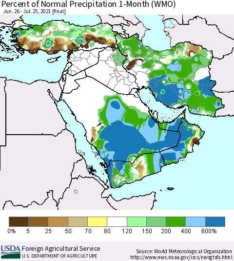 Middle East and Turkey Percent of Normal Precipitation 1-Month (WMO) Thematic Map For 6/26/2021 - 7/25/2021