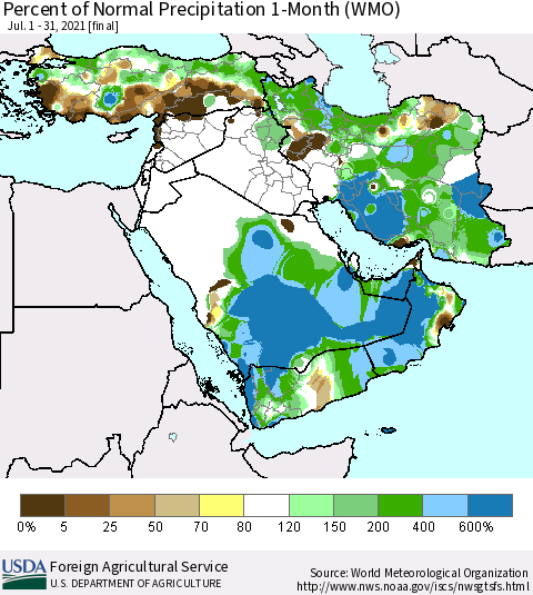 Middle East and Turkey Percent of Normal Precipitation 1-Month (WMO) Thematic Map For 7/1/2021 - 7/31/2021