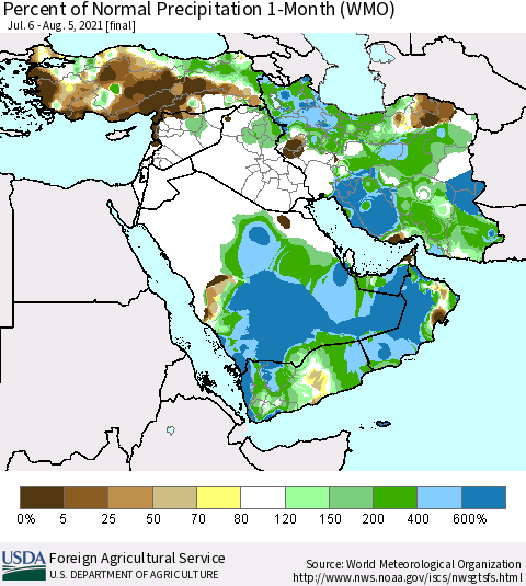Middle East and Turkey Percent of Normal Precipitation 1-Month (WMO) Thematic Map For 7/6/2021 - 8/5/2021