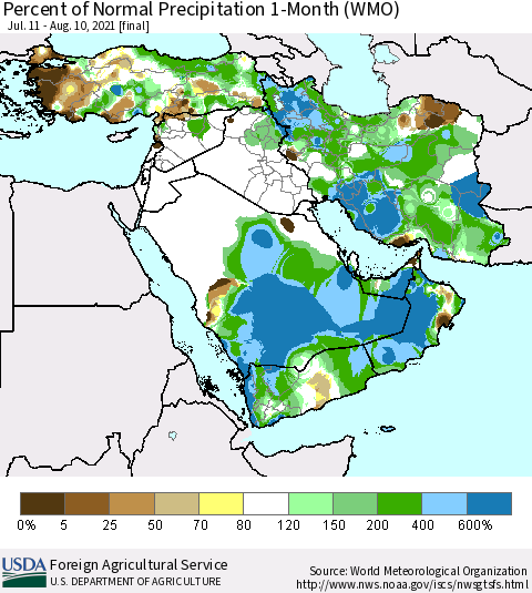 Middle East and Turkey Percent of Normal Precipitation 1-Month (WMO) Thematic Map For 7/11/2021 - 8/10/2021