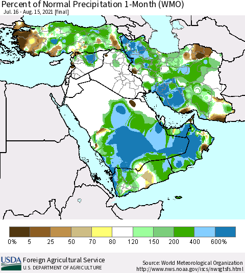 Middle East and Turkey Percent of Normal Precipitation 1-Month (WMO) Thematic Map For 7/16/2021 - 8/15/2021