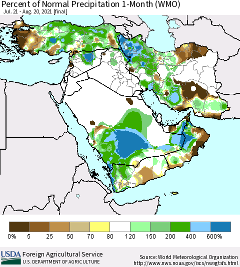 Middle East and Turkey Percent of Normal Precipitation 1-Month (WMO) Thematic Map For 7/21/2021 - 8/20/2021