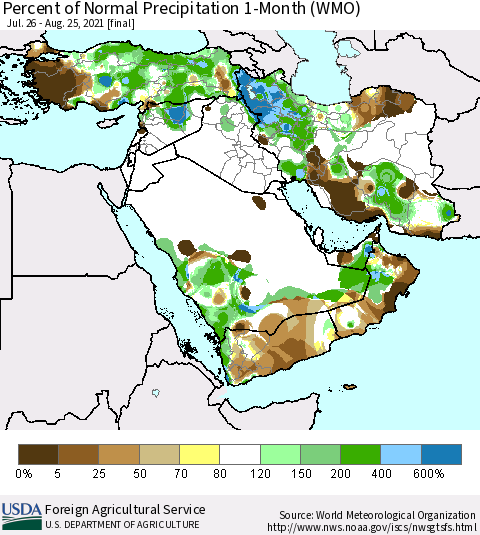 Middle East and Turkey Percent of Normal Precipitation 1-Month (WMO) Thematic Map For 7/26/2021 - 8/25/2021