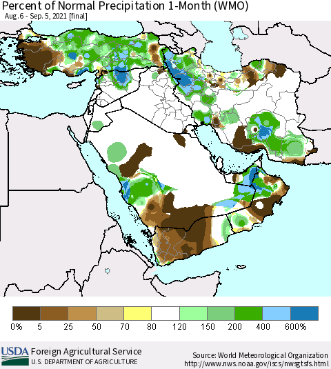Middle East and Turkey Percent of Normal Precipitation 1-Month (WMO) Thematic Map For 8/6/2021 - 9/5/2021