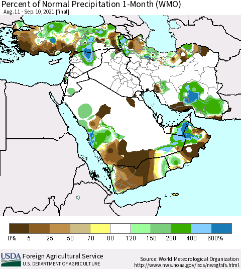 Middle East and Turkey Percent of Normal Precipitation 1-Month (WMO) Thematic Map For 8/11/2021 - 9/10/2021