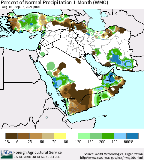 Middle East and Turkey Percent of Normal Precipitation 1-Month (WMO) Thematic Map For 8/16/2021 - 9/15/2021
