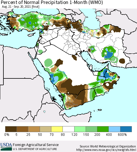 Middle East and Turkey Percent of Normal Precipitation 1-Month (WMO) Thematic Map For 8/21/2021 - 9/20/2021
