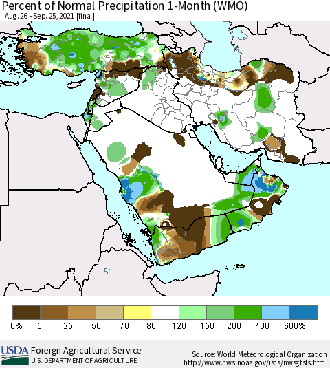 Middle East and Turkey Percent of Normal Precipitation 1-Month (WMO) Thematic Map For 8/26/2021 - 9/25/2021