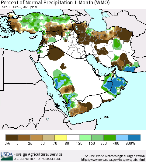 Middle East and Turkey Percent of Normal Precipitation 1-Month (WMO) Thematic Map For 9/6/2021 - 10/5/2021