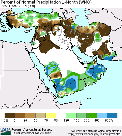 Middle East and Turkey Percent of Normal Precipitation 1-Month (WMO) Thematic Map For 9/11/2021 - 10/10/2021