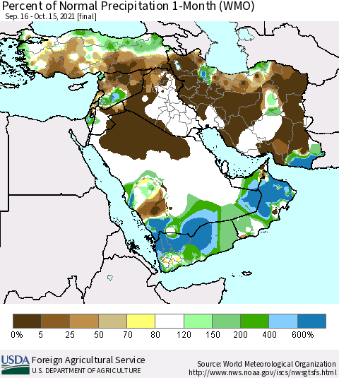 Middle East and Turkey Percent of Normal Precipitation 1-Month (WMO) Thematic Map For 9/16/2021 - 10/15/2021
