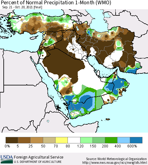 Middle East and Turkey Percent of Normal Precipitation 1-Month (WMO) Thematic Map For 9/21/2021 - 10/20/2021