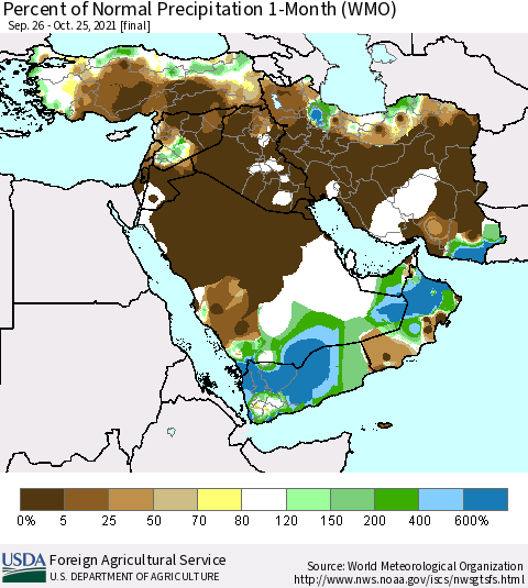 Middle East and Turkey Percent of Normal Precipitation 1-Month (WMO) Thematic Map For 9/26/2021 - 10/25/2021