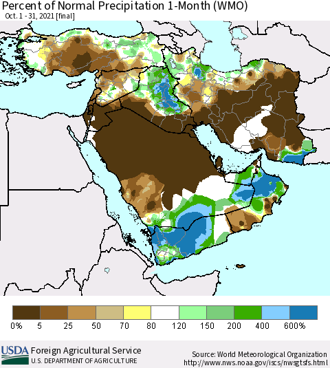 Middle East and Turkey Percent of Normal Precipitation 1-Month (WMO) Thematic Map For 10/1/2021 - 10/31/2021