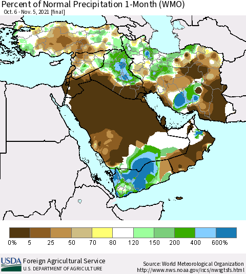 Middle East and Turkey Percent of Normal Precipitation 1-Month (WMO) Thematic Map For 10/6/2021 - 11/5/2021