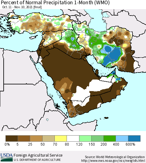 Middle East and Turkey Percent of Normal Precipitation 1-Month (WMO) Thematic Map For 10/11/2021 - 11/10/2021