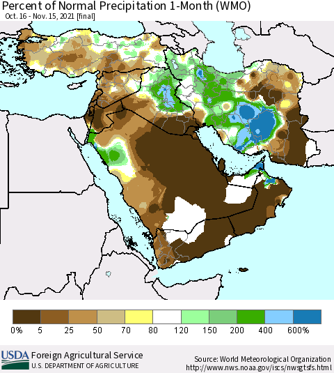Middle East and Turkey Percent of Normal Precipitation 1-Month (WMO) Thematic Map For 10/16/2021 - 11/15/2021