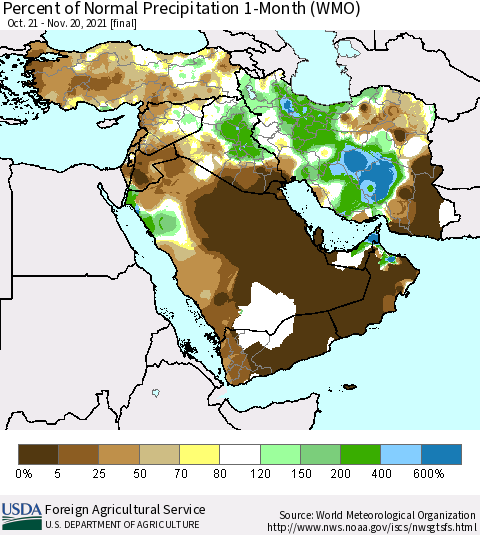 Middle East and Turkey Percent of Normal Precipitation 1-Month (WMO) Thematic Map For 10/21/2021 - 11/20/2021