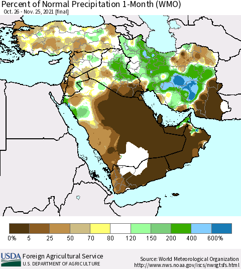 Middle East and Turkey Percent of Normal Precipitation 1-Month (WMO) Thematic Map For 10/26/2021 - 11/25/2021