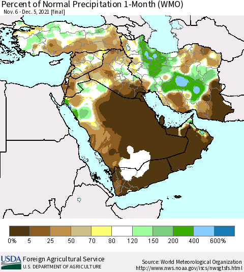 Middle East and Turkey Percent of Normal Precipitation 1-Month (WMO) Thematic Map For 11/6/2021 - 12/5/2021