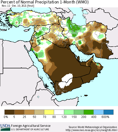 Middle East and Turkey Percent of Normal Precipitation 1-Month (WMO) Thematic Map For 11/11/2021 - 12/10/2021