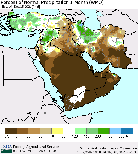 Middle East and Turkey Percent of Normal Precipitation 1-Month (WMO) Thematic Map For 11/16/2021 - 12/15/2021