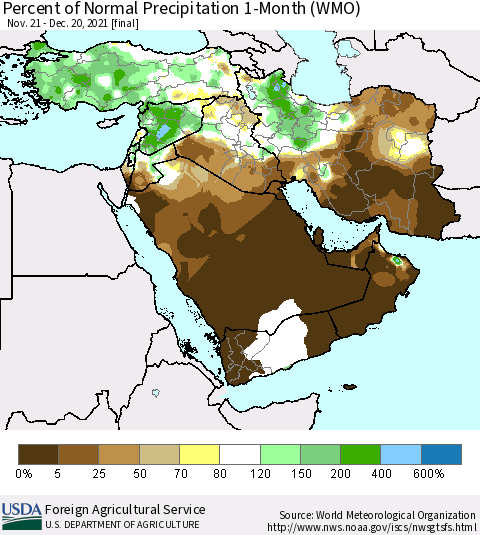Middle East and Turkey Percent of Normal Precipitation 1-Month (WMO) Thematic Map For 11/21/2021 - 12/20/2021