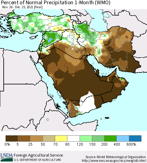 Middle East and Turkey Percent of Normal Precipitation 1-Month (WMO) Thematic Map For 11/26/2021 - 12/25/2021