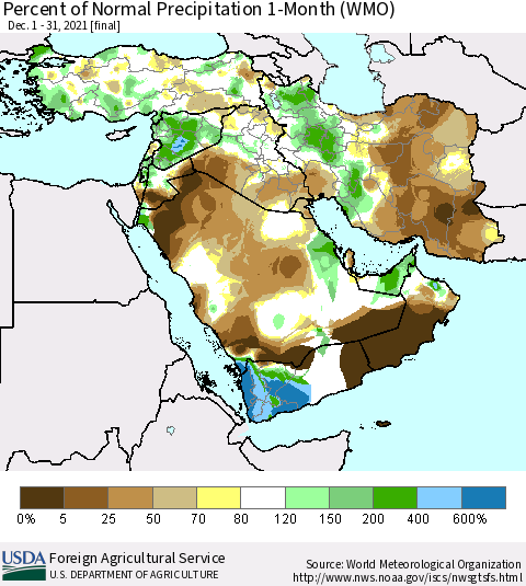 Middle East and Turkey Percent of Normal Precipitation 1-Month (WMO) Thematic Map For 12/1/2021 - 12/31/2021