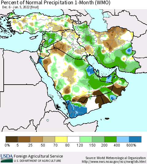 Middle East and Turkey Percent of Normal Precipitation 1-Month (WMO) Thematic Map For 12/6/2021 - 1/5/2022