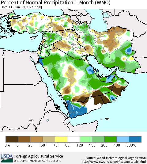 Middle East and Turkey Percent of Normal Precipitation 1-Month (WMO) Thematic Map For 12/11/2021 - 1/10/2022