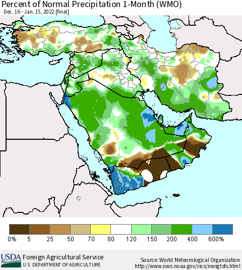 Middle East and Turkey Percent of Normal Precipitation 1-Month (WMO) Thematic Map For 12/16/2021 - 1/15/2022