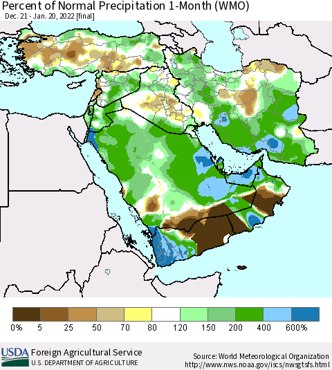 Middle East and Turkey Percent of Normal Precipitation 1-Month (WMO) Thematic Map For 12/21/2021 - 1/20/2022