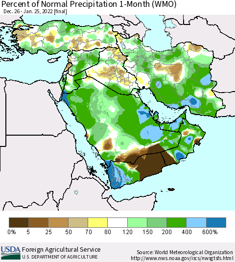 Middle East and Turkey Percent of Normal Precipitation 1-Month (WMO) Thematic Map For 12/26/2021 - 1/25/2022