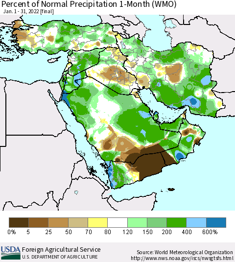 Middle East and Turkey Percent of Normal Precipitation 1-Month (WMO) Thematic Map For 1/1/2022 - 1/31/2022