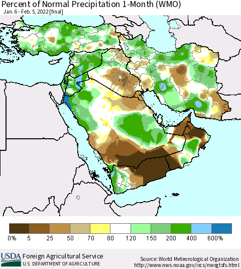 Middle East and Turkey Percent of Normal Precipitation 1-Month (WMO) Thematic Map For 1/6/2022 - 2/5/2022