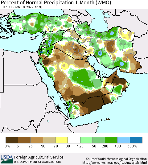 Middle East and Turkey Percent of Normal Precipitation 1-Month (WMO) Thematic Map For 1/11/2022 - 2/10/2022