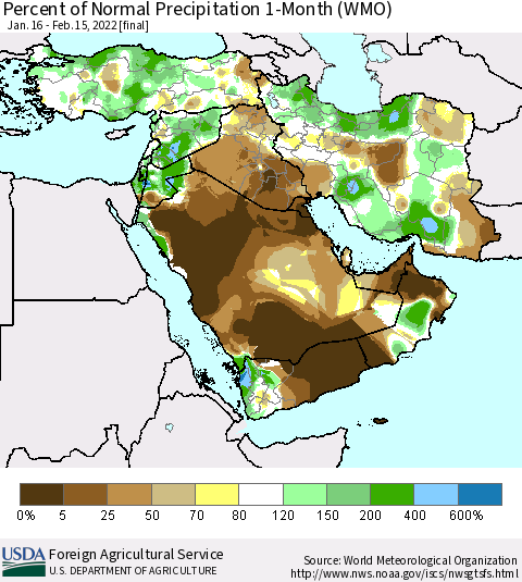 Middle East and Turkey Percent of Normal Precipitation 1-Month (WMO) Thematic Map For 1/16/2022 - 2/15/2022