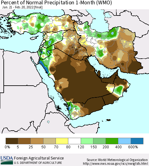 Middle East and Turkey Percent of Normal Precipitation 1-Month (WMO) Thematic Map For 1/21/2022 - 2/20/2022