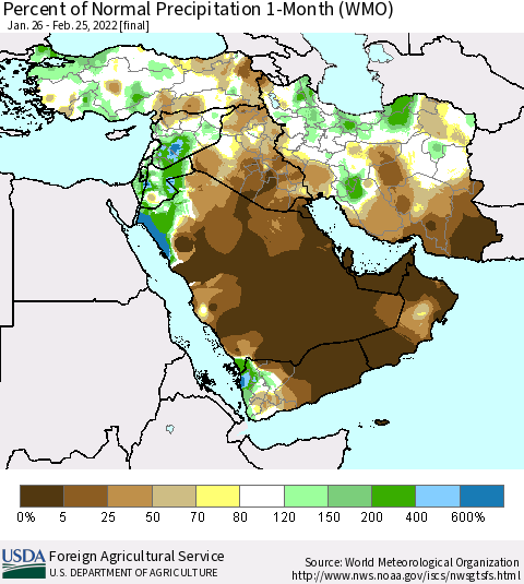 Middle East and Turkey Percent of Normal Precipitation 1-Month (WMO) Thematic Map For 1/26/2022 - 2/25/2022