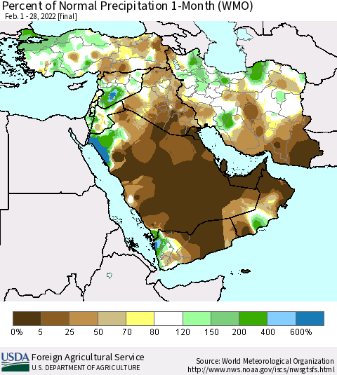 Middle East and Turkey Percent of Normal Precipitation 1-Month (WMO) Thematic Map For 2/1/2022 - 2/28/2022