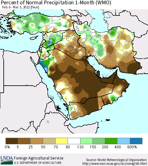 Middle East and Turkey Percent of Normal Precipitation 1-Month (WMO) Thematic Map For 2/6/2022 - 3/5/2022