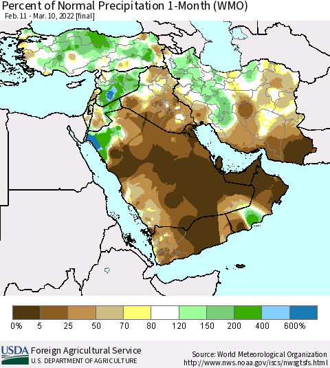 Middle East and Turkey Percent of Normal Precipitation 1-Month (WMO) Thematic Map For 2/11/2022 - 3/10/2022