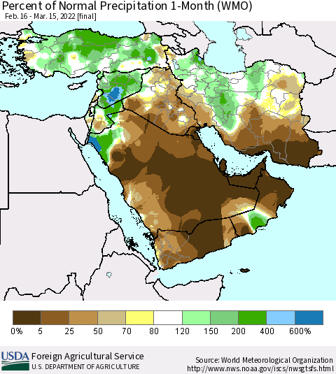 Middle East and Turkey Percent of Normal Precipitation 1-Month (WMO) Thematic Map For 2/16/2022 - 3/15/2022