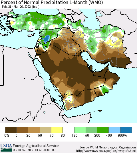 Middle East and Turkey Percent of Normal Precipitation 1-Month (WMO) Thematic Map For 2/21/2022 - 3/20/2022