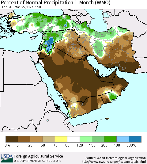 Middle East and Turkey Percent of Normal Precipitation 1-Month (WMO) Thematic Map For 2/26/2022 - 3/25/2022