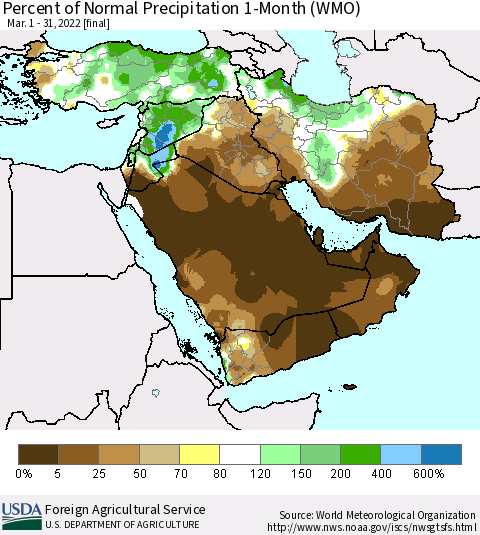 Middle East and Turkey Percent of Normal Precipitation 1-Month (WMO) Thematic Map For 3/1/2022 - 3/31/2022