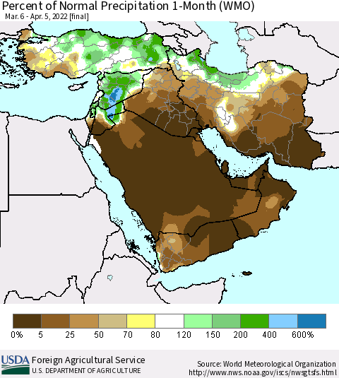 Middle East and Turkey Percent of Normal Precipitation 1-Month (WMO) Thematic Map For 3/6/2022 - 4/5/2022