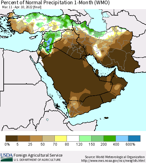 Middle East and Turkey Percent of Normal Precipitation 1-Month (WMO) Thematic Map For 3/11/2022 - 4/10/2022