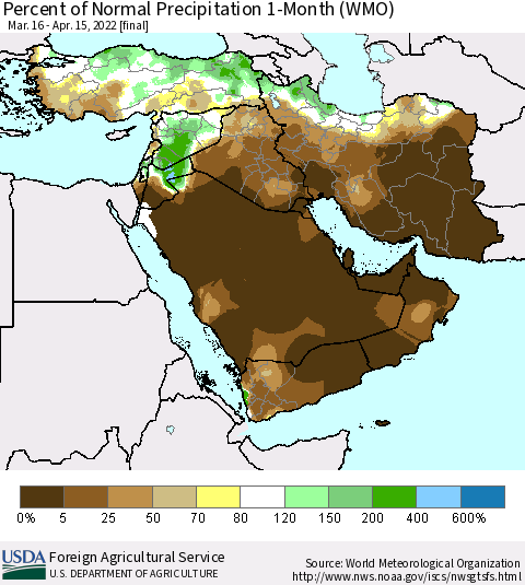 Middle East and Turkey Percent of Normal Precipitation 1-Month (WMO) Thematic Map For 3/16/2022 - 4/15/2022